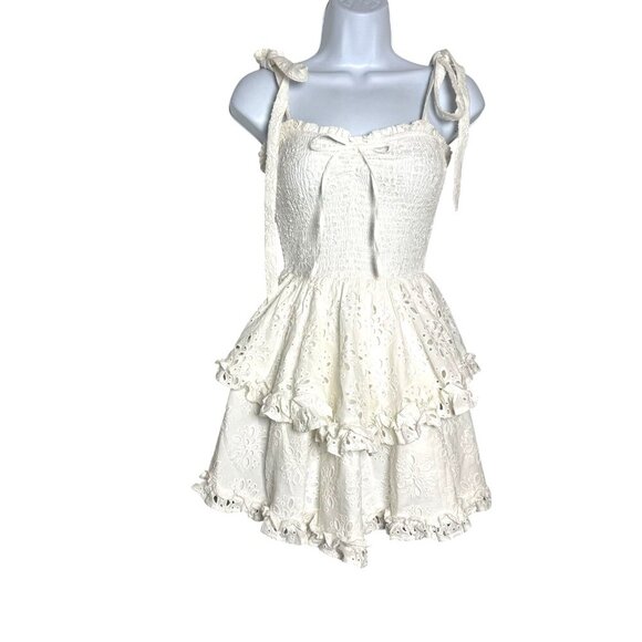 YUMI KIM Rita mini dress white eyelet size small tiered shoulder ties smocked - Picture 2 of 13
